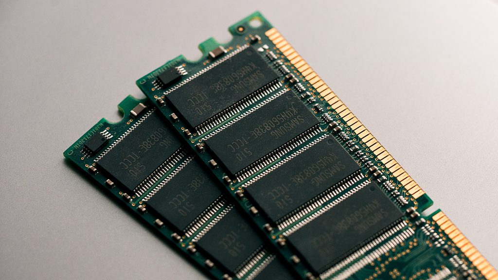 Close-up of computer RAM modules on a gray background