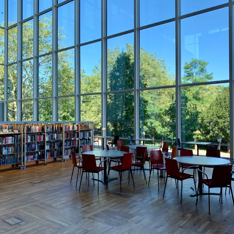 Modern library interior with bookshelves